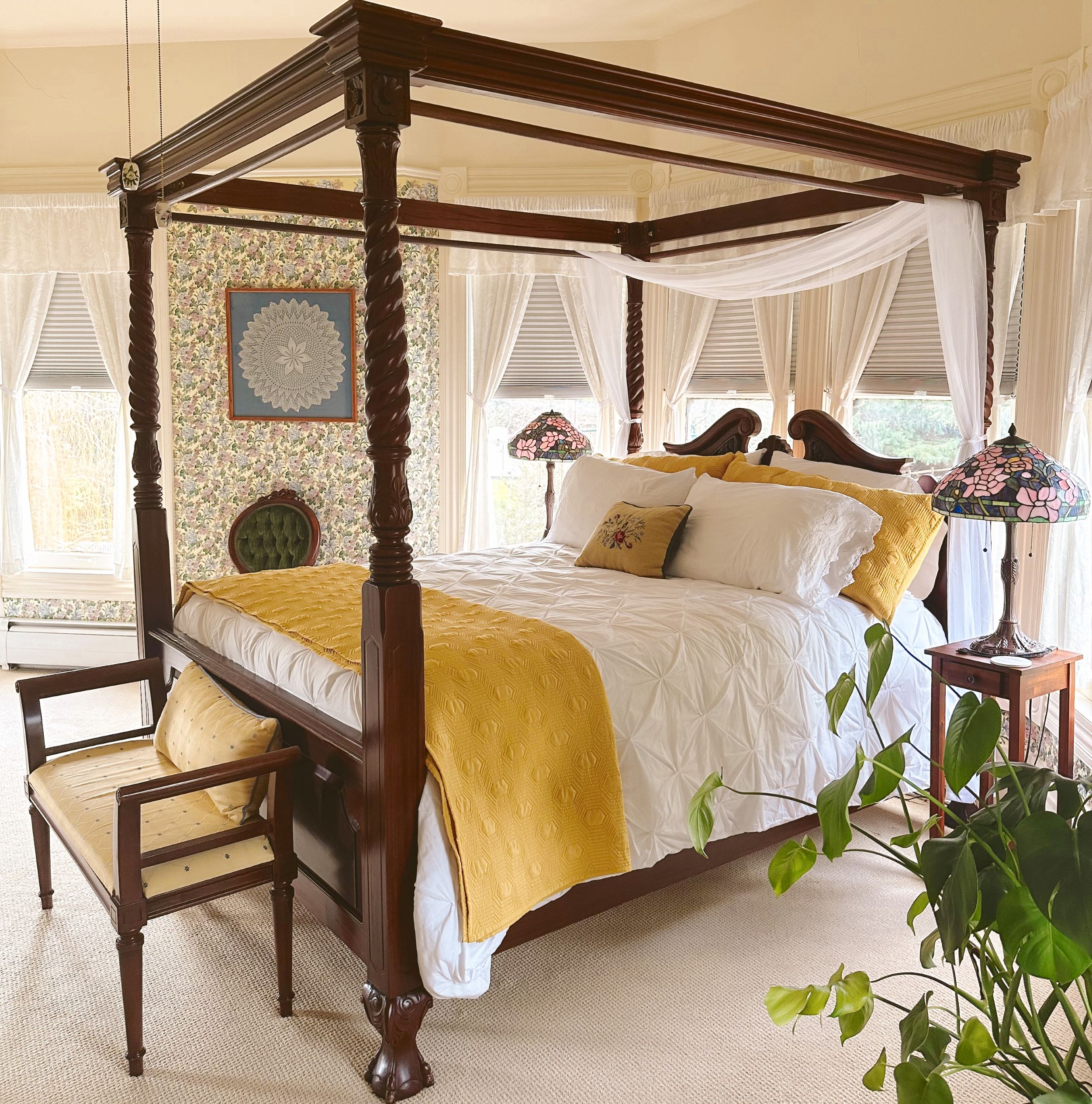 Tezza-8803_cropped_resized_2500-almost-square Four poster bed in front of 4 tall windows