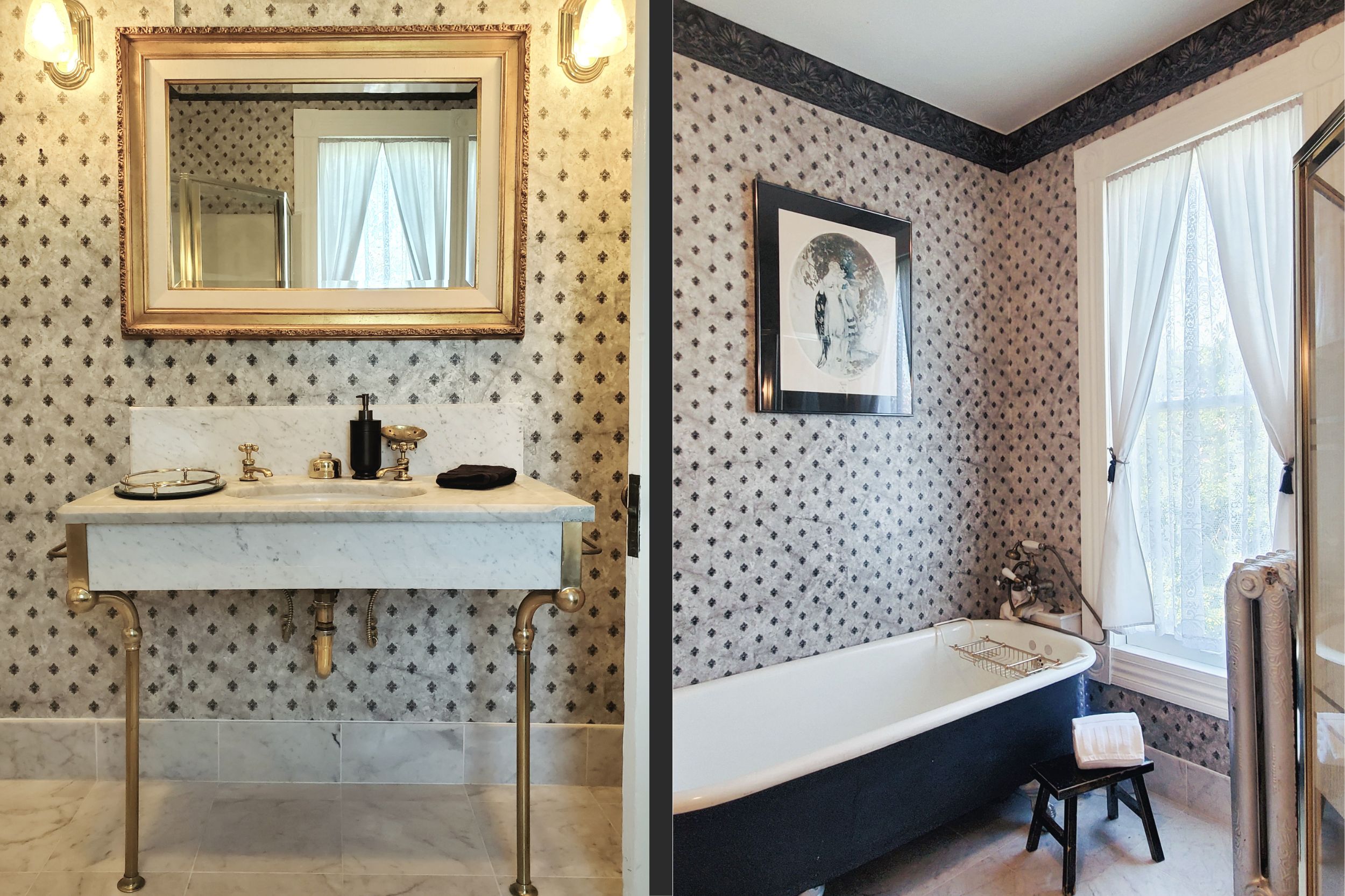 Cascadia Suite bathroom at The Adams Pragge House showing the original 1889 marble sink with brass fittings and a clawfoot soaking tub